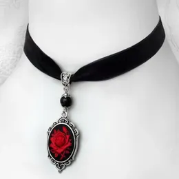 Choker Gothic Victorian Red Rose Cameo Pendant Black Velvet Necklace Antique Jewellery