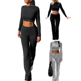 Women's Two Piece Pants Elastic Waistband Leggings Yoga Set With Crop Top Low Waist 2 Solid Colour Round Neck For Fitness