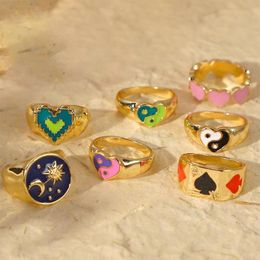 Cluster Rings Y2K Jewelry Gold-plated Moon Sun Heart Yin Yang Ring For Women Vintage Punk Fashion Poker Charms 90s Aesthetic285Z