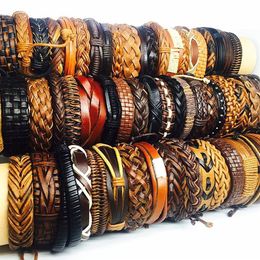 whole bulk lots 50pcs pack mix black brown men's women's retro handmade real leather surfer cuff bracelets264g