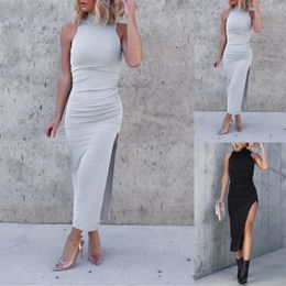 Casual Dresses Women 2023 Lady Solid Colour Slim Fit Round Neck Split Hem Maxi Dress Below The Knee