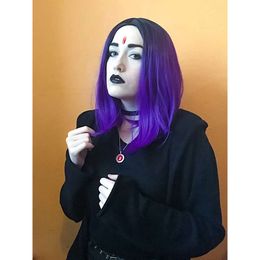 Teen Titans Raven Cosplay Wigs 35cm Bob Purple Short Heat Resistant Synthetic Middle Part of Hair Wig