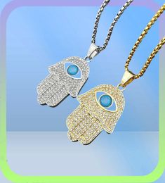 Turkish Hamsa Hand of Fatima Pendant Necklace Gold Stainless Steel Iced Out Chain Hip Hop WomenMen Jewellery 2106218542092