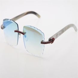 whole Rimless Red Big Stones Sunglasses Optical 3524012-A White Genuine Buffalo Horn glasses High Quality Carved lense Eyewear302e