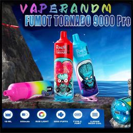 Original RandM Tornado 9000 pro Puffs Puff 9k pro Disposable E cigarettes Features 18ml Mesh Coil 20 Flavours Vapes Pen Rechargeable 850mAh battery RGB lights