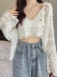 Women's Blouses Hollow Out Crochet Shirts Women Summer Long Sleeve V Neck Lace Blouse Ladies Korean Fashion Sweet Button Cardigan Two Piece