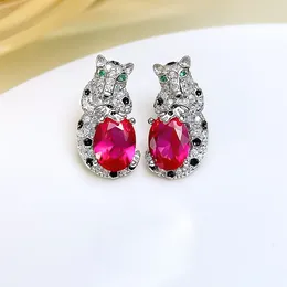 Stud Earrings Fashionable Retro Egg Shaped Color Treasure Leopard Set With High Carbon Diamonds High-end Pure Silver Wedding Jewelry
