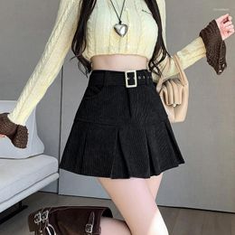 Skirts Winter Short Skirt For Women 2023 Korean Style Corduroy Pleated Mini Fashion Belt High Waist A-line Sweet Saias Femininas