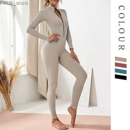 Women's Jumpsuits Rompers Slim Fitness Long Sleeve Zipper Elastic One Piece Women New High Waist Sporty Rompers Solid Gym Seamless Sports Jumpsuit 2023L231212