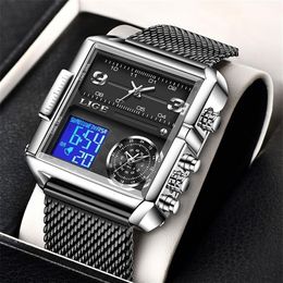 LIGE Watch Man Top Brand Luxury Square Sport Quartz Analogue Wristwatch for Men Waterproof Military Digital es Creative 220212286E