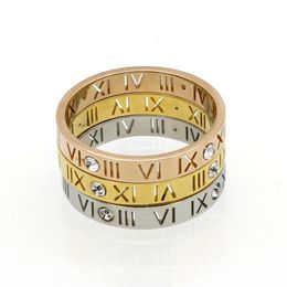 New Full Size 6-10 Rose Gold 18K 4 Diamond Couple Roman numeral Titanium Steel Tail Finger Ring for men and women186Z