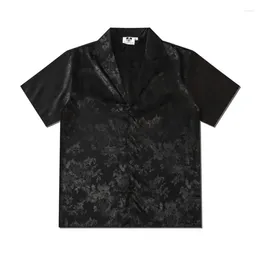 Men's Casual Shirts Dark Floral Print Shirt Men Women Summer Short Sleeve Oversize Turn Collar Black Boys Girls Flower Jacquard Top