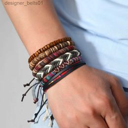 Charm Bracelets 4Pcs/ Set Braided Wr Leather Bracelets for Men Vintage Life Tree Rudder Charm Wood Beads Ethnic Tribal Wristband Rope BraceletL231214