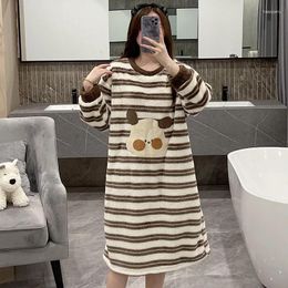 Women's Sleepwear Sweet Cartoon Striped Nightdress Long Sleeved Flannel Nightgown Casual Home Clothes Bathrobes Winter Warm Nightwear