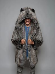 Men's Fur Faux Fur Men's Fur Faux Fur Winter Faux Fox Fur Coat Winter Men Thick Hooded Ears Pockets Fluffy Long Sleeve Warm Outerwear Luxury Fur Jacket Bontjas Mens 231212