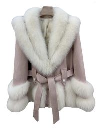 Women's Fur Coat V-neck Short With Belt Loose Fit Hem Splicing Hair Wrap Design Warm And Comfortable 2023 Winter 1116