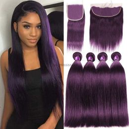 Synthetic Wigs Coloured Dark Purple Straight Hair Bundles With Closure Lace Closures With Bundles Virgin Hair Weave Bundles With ClosureL240124