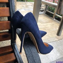 Dress Shoes Navy Blue Women Synthetic Suede High Heels Pointed Toe Slip On OL Ladies Stiletto Pumps 8 10 12cm Fashion Wedding