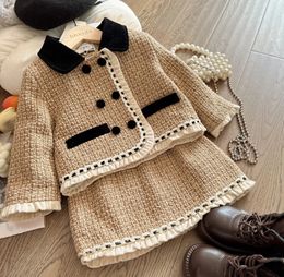 Girl's Dresses Children Kids Tweed 2Pcs Girls Sets Fashion 1 to 10 years Western Suit Pleated Clothes Skirt for Uniforms Luxury Costumes 231212