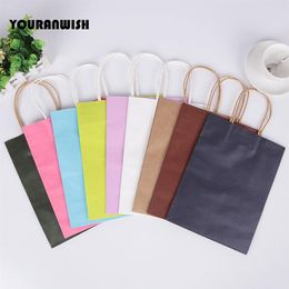 20pcs lot White Pink Purple Sky Blue Coffee Kraft paper Gift bag with handle wedding birthday party gift package bags Y1121167V