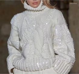 Women's Sweaters 2023 Autumn Winter Sweater For Women Elegant Embroidery Handmade Sequins Warm Pullover Turtleneck Loose White Wool