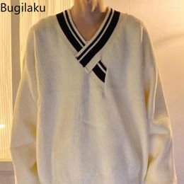 Men's Sweaters Korean Version Niche Irregular V-neck Design Knitted Sweater For Men Loose And Lazy Style Striped Contrasting Colour Trend