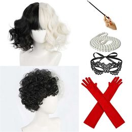 CRUELLA Deville De Vil Black White with Bangs Short Bob Heat Resistant Hair Cosplay Halloween Costume Party + Wig Cap