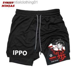 Men's Shorts Anime IPPO Print 2 in 1 Compression Shorts for Men Athletic Performance Gym Shorts with Pockets Quick Dry Fitness Workout Boxing L231212