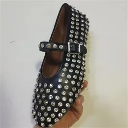 Dress Shoes Maxi Crystal For Ladies Round Toes Women Belt Buckle Chassure Femme Hollow Female Diamond Flat Heel Patent Leather Zapatos