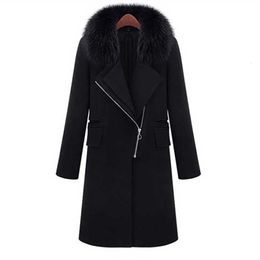 Women's Wool Blends Women Winter Wool Coat Elegant Oblique Zipper Faux Fur Collar Casual Slim Long Cashmere Trench Coat Windbreaker Plus Size S-3XL 231211