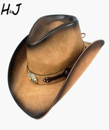 100 Leather Western Cowboy Hat for Men Fedora Hat Gentleman Dad Sombrero Hombre Jazz Caps Size 5859cm Drop Q080511650847858973