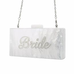 Evening Bags Pearl White With Silver Glitter Name Bride Acrylic Box Clutches Ladies Handbags Fashion Handmade Claps Beach ClutchEv240d