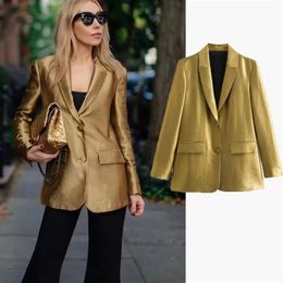 Womens Suits Blazers TRAF Womans Golden Blazer Fashion Autumn Jackets Women Elegant Shoulder Pads Outerwears Female Chic Long Sleeves Coat 231212