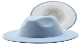 Berets Mens Women Sky Blue White Patchwork Wool Felt Floppy Jazz Fedora Hats Fashion Party Formal Hat Wide Brim Panama Trilby Cap9700785