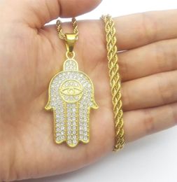 Hip Hop Hamsa Hand of Fatima Lucky Evil Eye Protection Amulet Crystal Pendant Necklace 24inch Rope Chain2687572