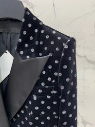 Women's Suits European Style Bling Dots Short Velvet Jacket Fashion Rhinestone Button Slim Black Blazer