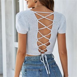 Women's Sweaters Blue Cropped Top Strappy Drawstring Knitted Pullover Backless Criss-Cross Short Sleeve Sweater Knitwear Sexy Women Y2k