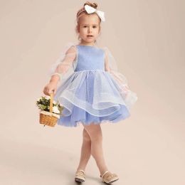 Cute Flower Girl Dresses Scoop Neck Tulle Full Sleeves Ball Gown Knee Length with Bow Custom Made for Wedding Party