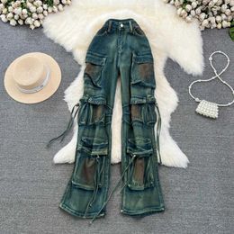 Women's Jeans Green Vintage Washed Multiple Pockets Wide Leg Pants Casual Street High Waist Baggy Denim Trouser Ladies