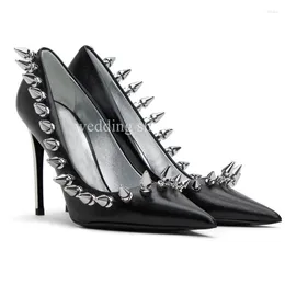 Dress Shoes Women's Rivet Black Shallow Mouth Genuine Leather Pointed Toe High Heels Temperament Luxury Single Women Pumps Wedding