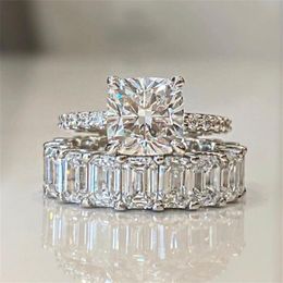 Size 5-10 Couple Rings Luxury Jewelry 925 Sterling Silver Emerald Cut White Topaz CZ Diamond Eternity Women Wedding Bridal Ring Se2806