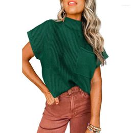 Women's Sweaters Tank Top With Pocket Mock Neck Short Cap Sleeve Sweater Vest Casual Solid Knit Pullover 2024 Fall Trendy Colthes