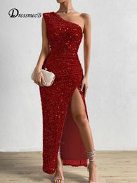 Basic Casual Dresses Dressmecb One Shoulder Maxi Long Women Sparkling Sequin Backless Sexy Evening Party Vestidos Slim Ruched Summer Dress 231212