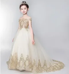 Girl Dresses Golden Tulle Kids Party Evening Gowns Sequin Lace Long Trailing Ball Gown Flower Dress For Weddings First Communion