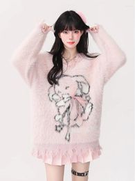 Women's Sweaters American Vintage V Neck Cartoon Jacquard Bow Irregular Design Pullovers Fashion Sweet Loose Autumn Winter Clothing 2024