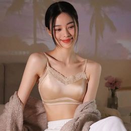 Bras Luxury Mulberry Silk Set For Women Sexy Lace Satin Solid Strapless Brassiere High Waist Briefs Underpants Smooth Lingerie 231211