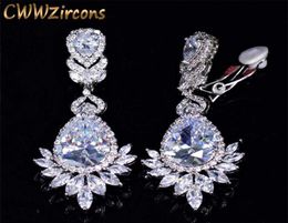 CWWZircons No Hole Piercing Ear Jewelry Cubic Zirconia Crystal Bridal Long Luxury Wedding Clip on Earrings Non Pierced CZ409 220118808066