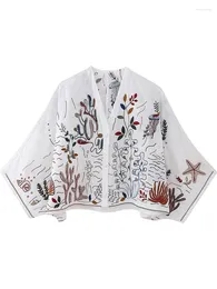 Women's Blouses Fitshinling Embroidery Vintage Shirts For Women Oversize Crop Top Fashion Flower In Shirt Female Clothing 2024 Sale