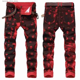 Men's Jeans Mens skull prints elastic denim pants street fashion paint prints red jeans slimming casual pants jeans Q231213