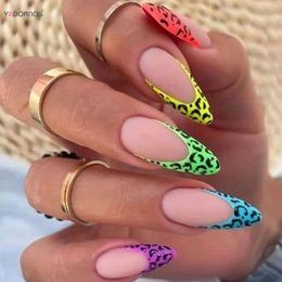 False Nails 24Pcs Colourful Leopard Printed Almond Fake Long Reusable Press On French Tips For Women And Girls